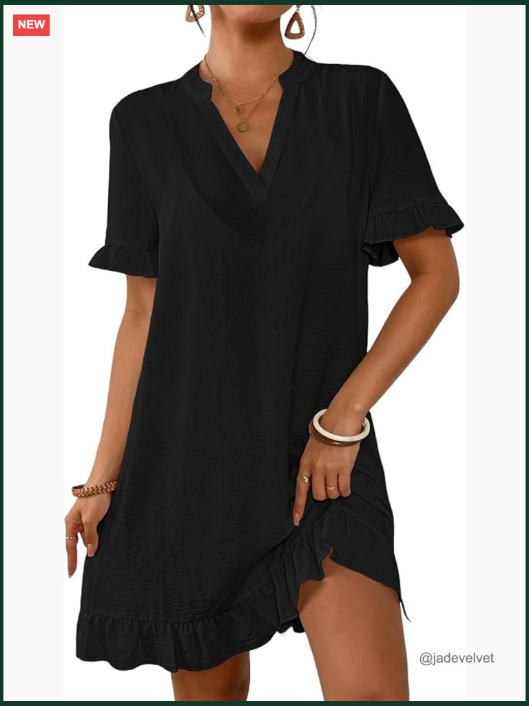 Flowy Ruffle Short Sleeve V Neck Swim Cover Up Dress